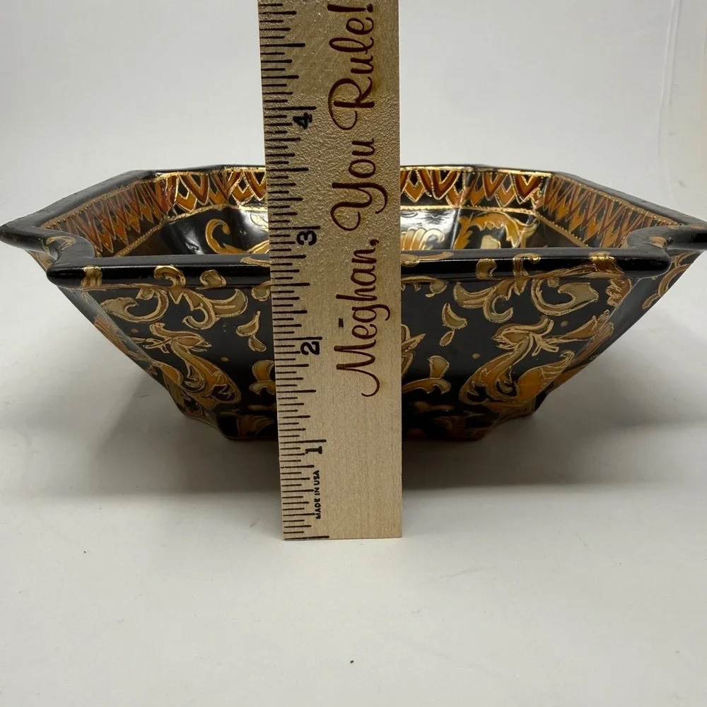 Vintage Bowl Black Gold Heraldic French Phoenix Crest‎ Square Chinoiserie 8